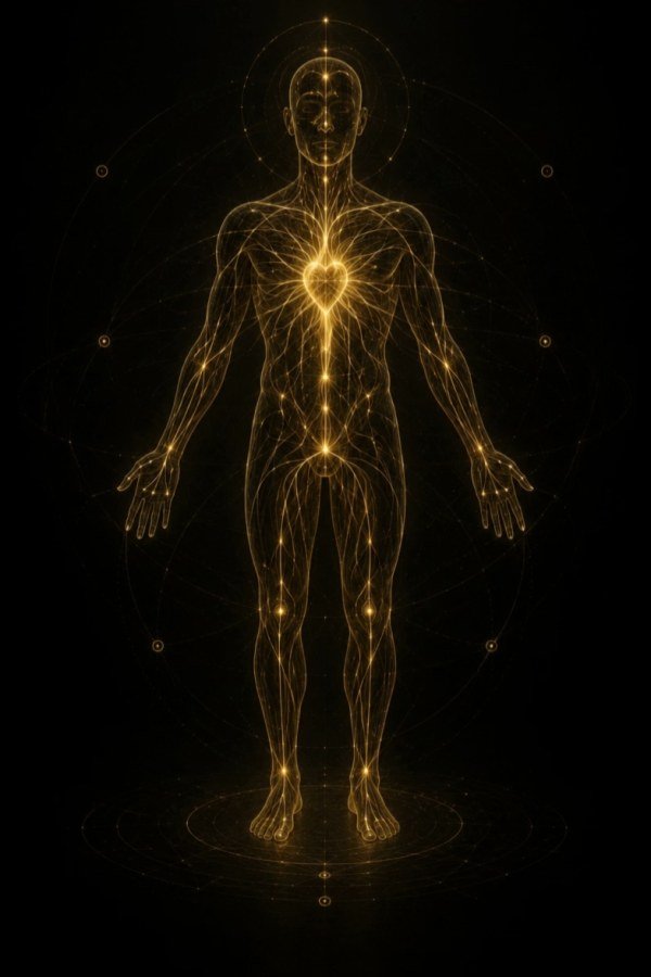 A luminous human field changing through the AffinitiFlow calibration sequence.