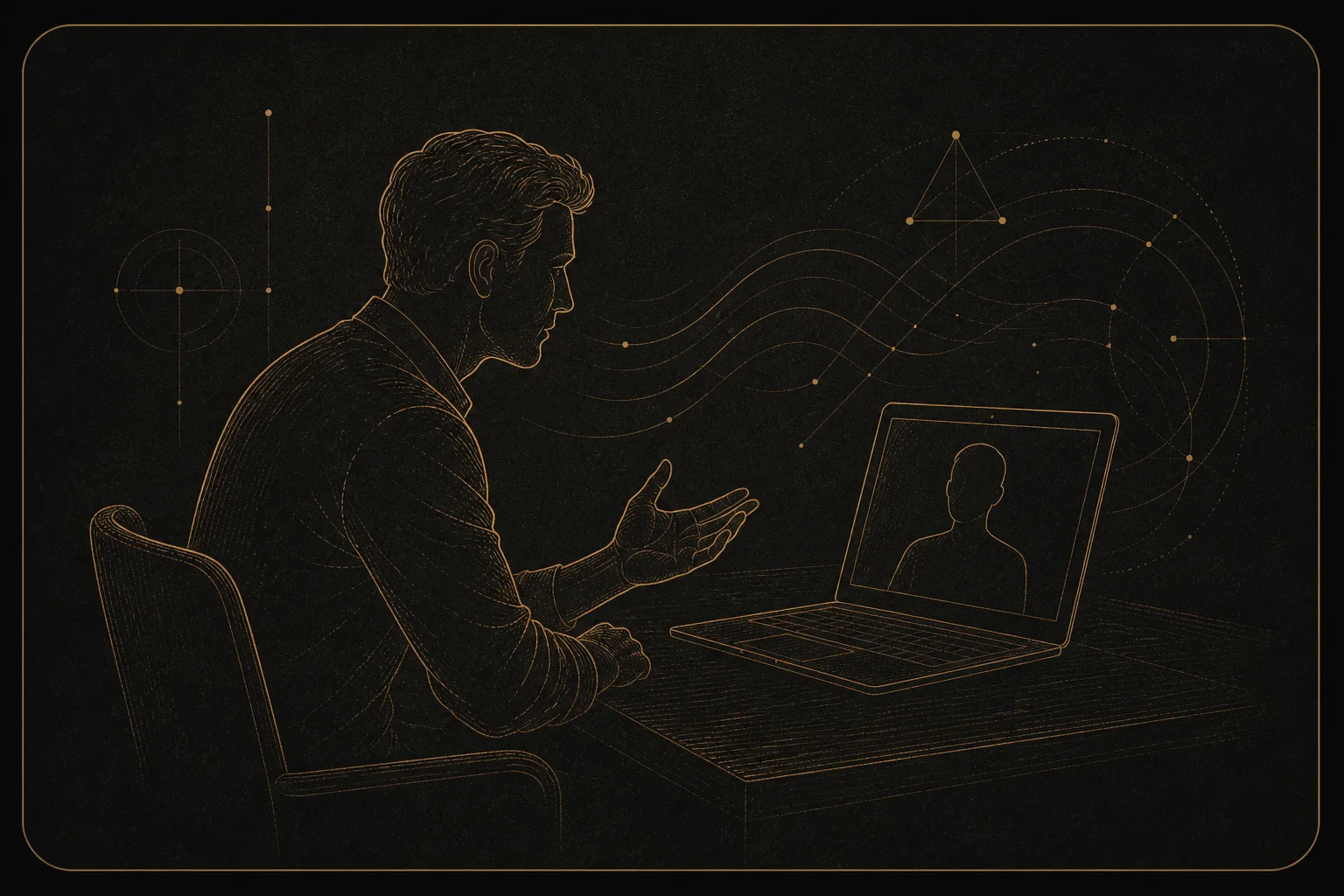 A refined gold-etched illustration of a private coaching conversation.