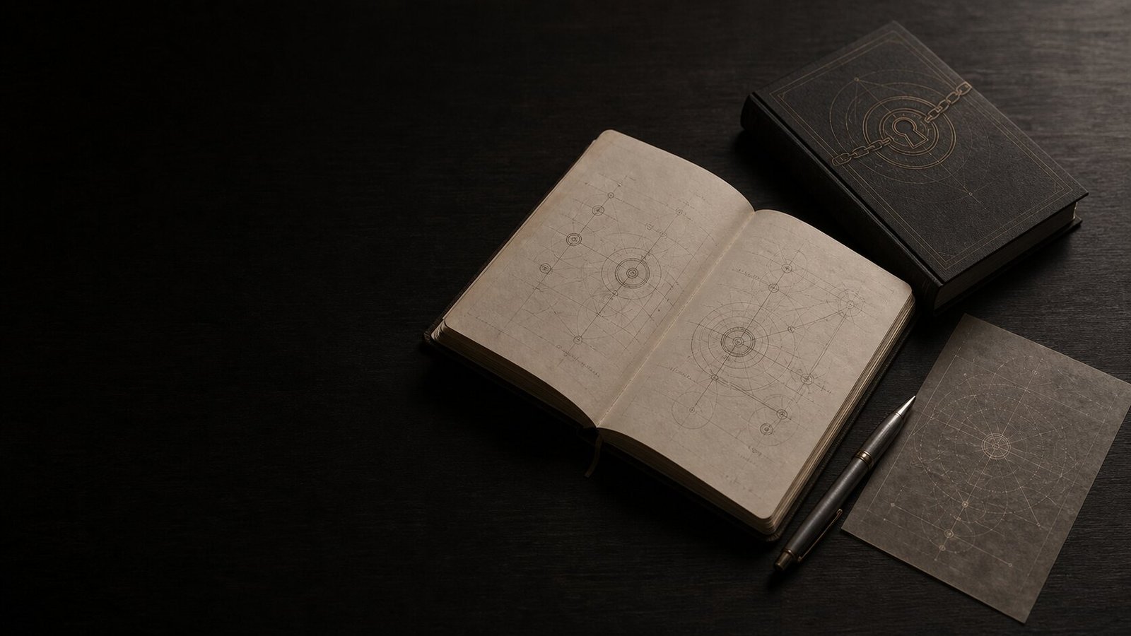 A dark founder's desk with notebooks and hand-drawn system diagrams.