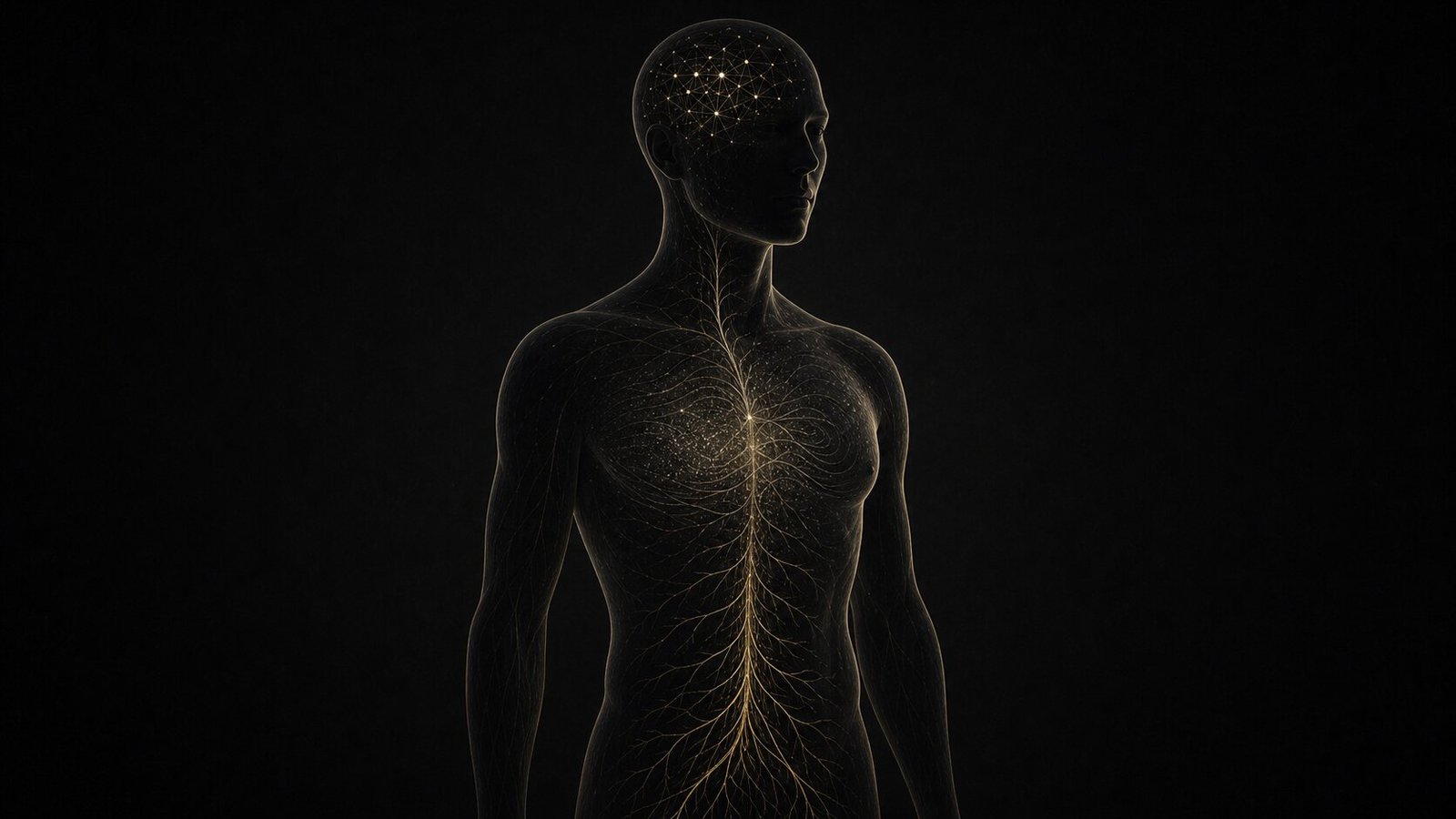 A dark human form with a subtle neural field, emotional patterning and nervous-system pathways.